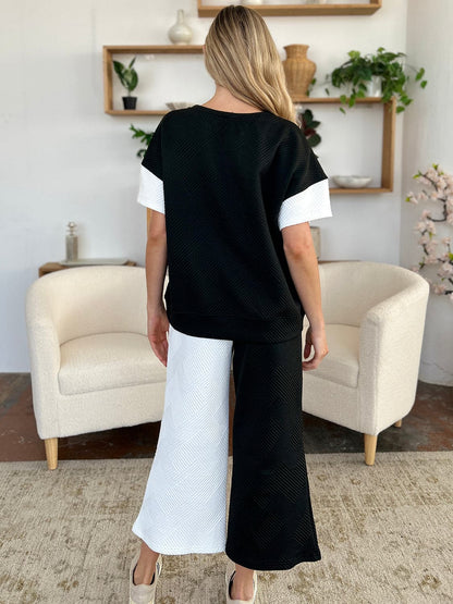 Double Take Full Size Texture Contrast T-Shirt and Wide Leg Pants Set.