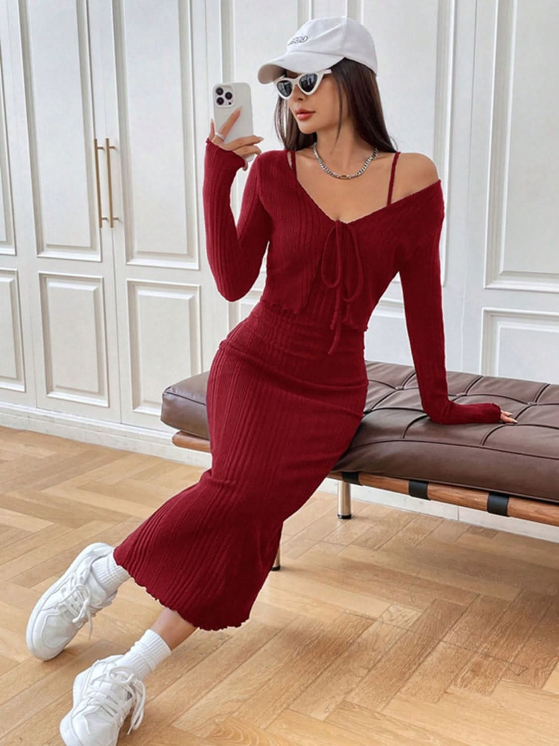 Two-Piece Cami Dress with Tied Long Sleeve Cardigan Set