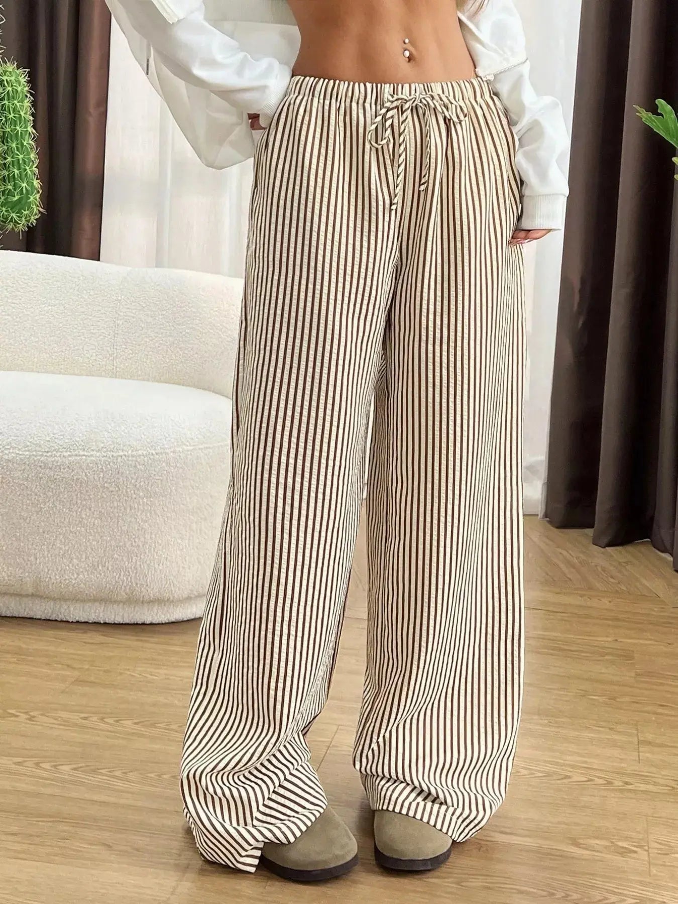 Full Size Striped Drawstring Waist Wide Leg Pants Plus Size Simply Love