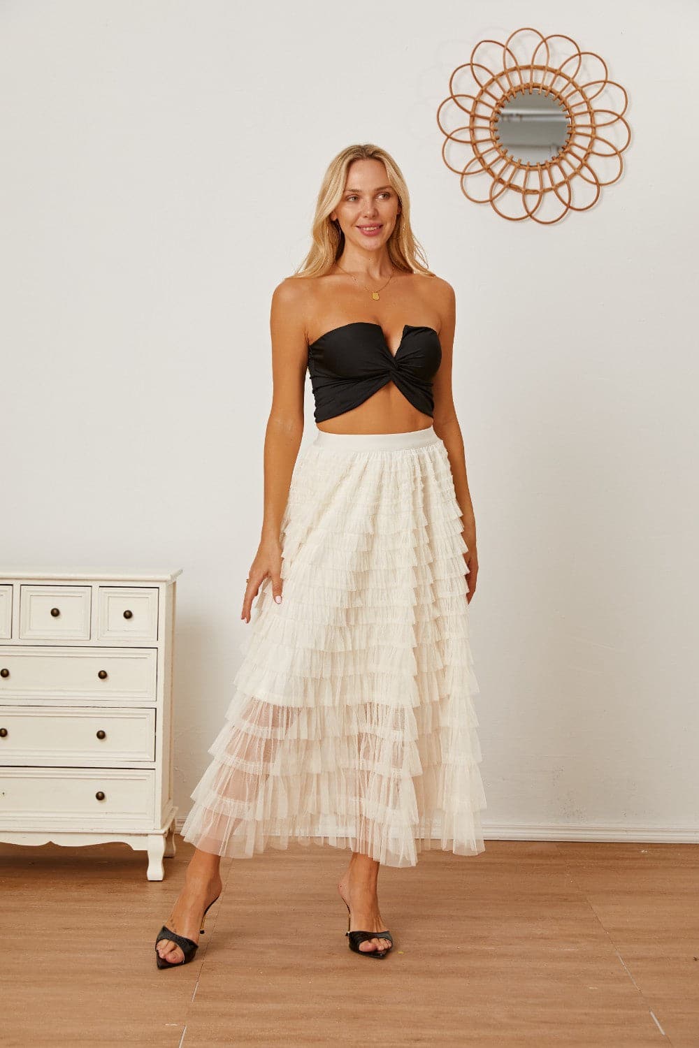 Ruched High Waist Tiered Skirt.