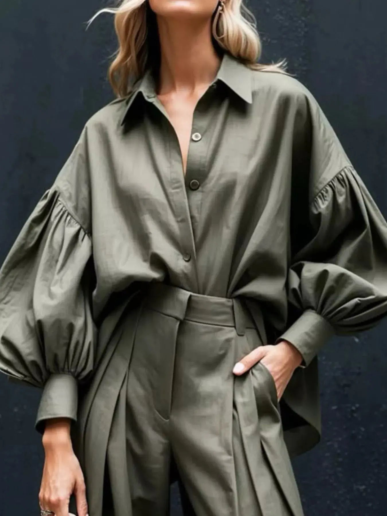 Lantern Sleeve Shirt and Wide Leg Pants Set Simply Love