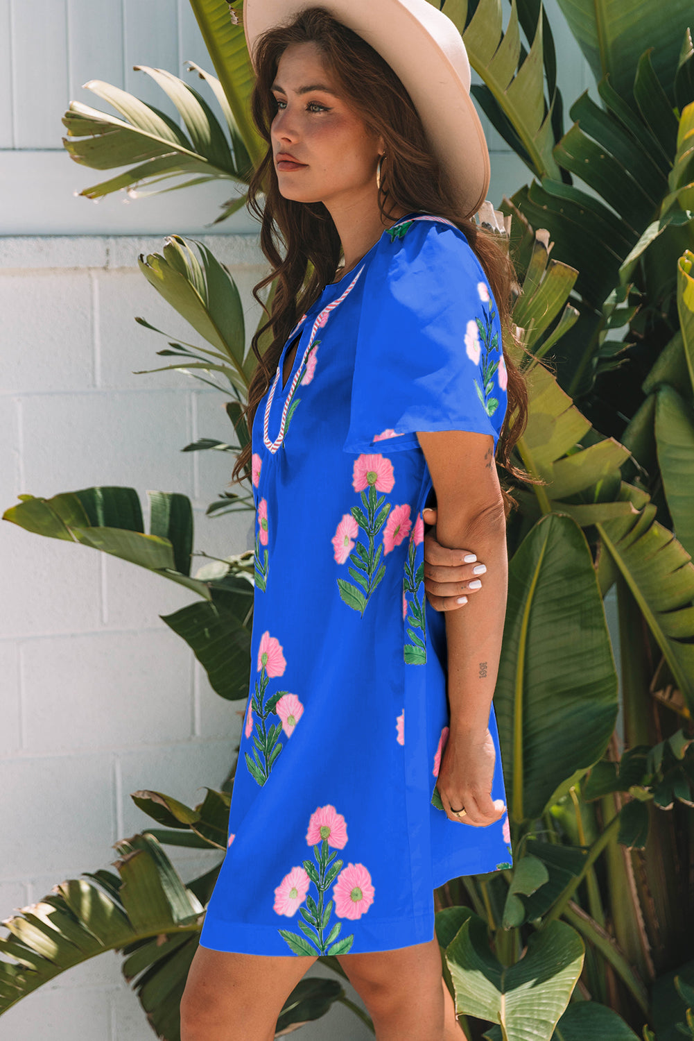 Blue Floral Short Sleeve Split Neck Loose Mini Dress Love Salve