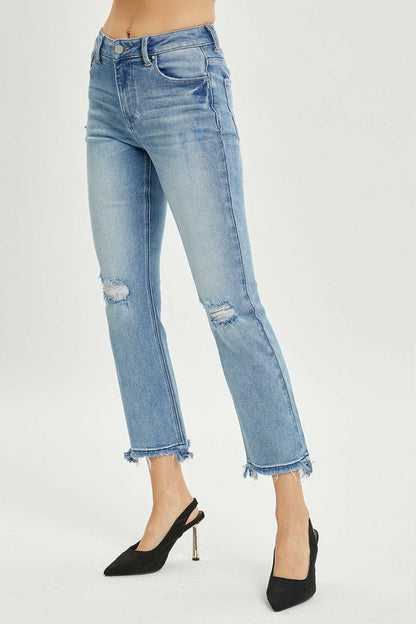 RISEN Full Size High Rise Distressed Cropped Straight Jeans.