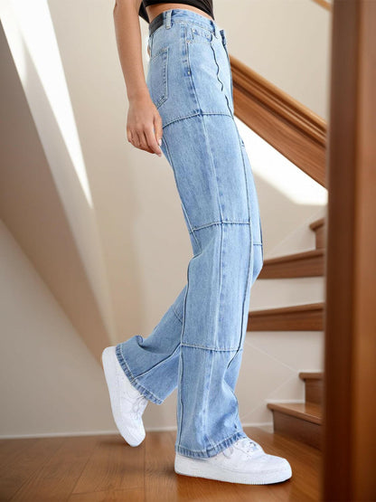 High Waist Straight Jeans with Pockets.