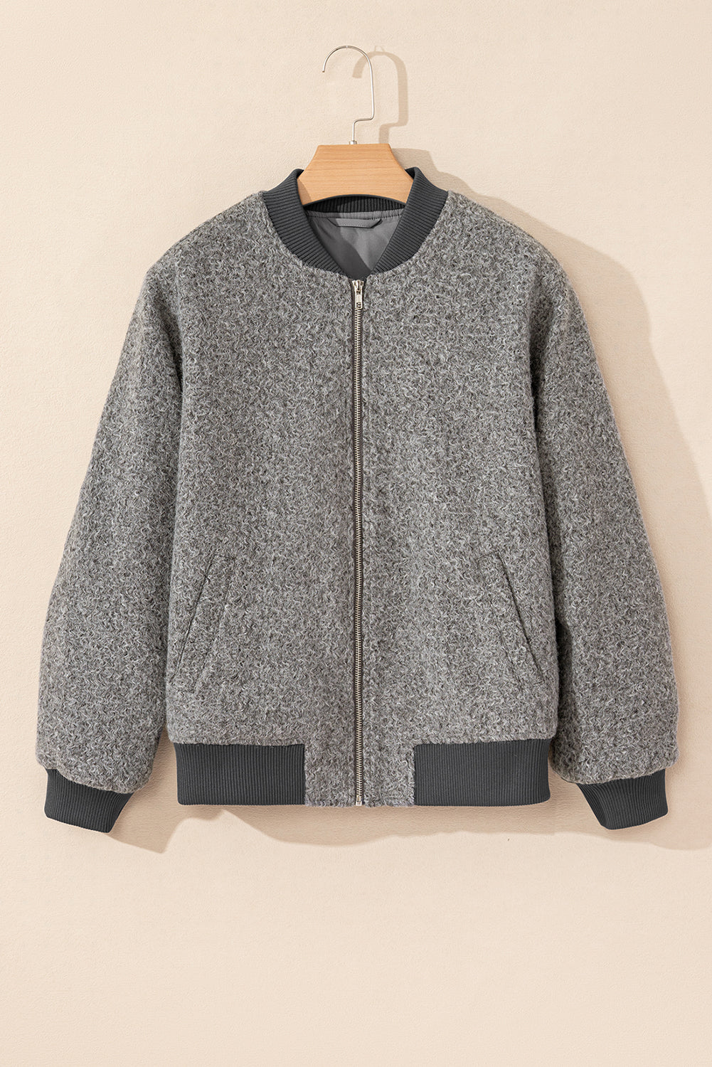 Chic medium grey fuzzy zip-up jacket with pocketed sleeves