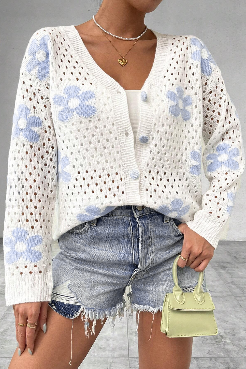 Floral Open Knit Short Cardigan in White