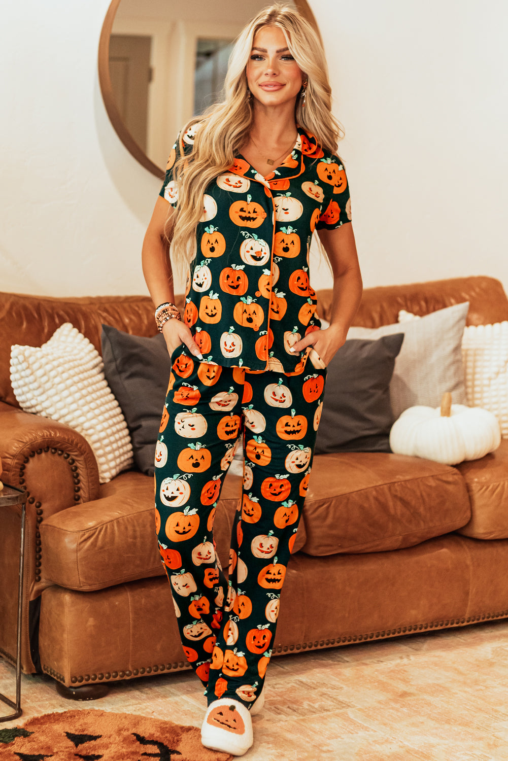 Festive orange Halloween short sleeve pajama set