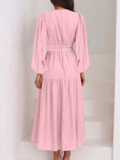 Deep V-Neck Balloon Sleeve Plain Maxi Dress.