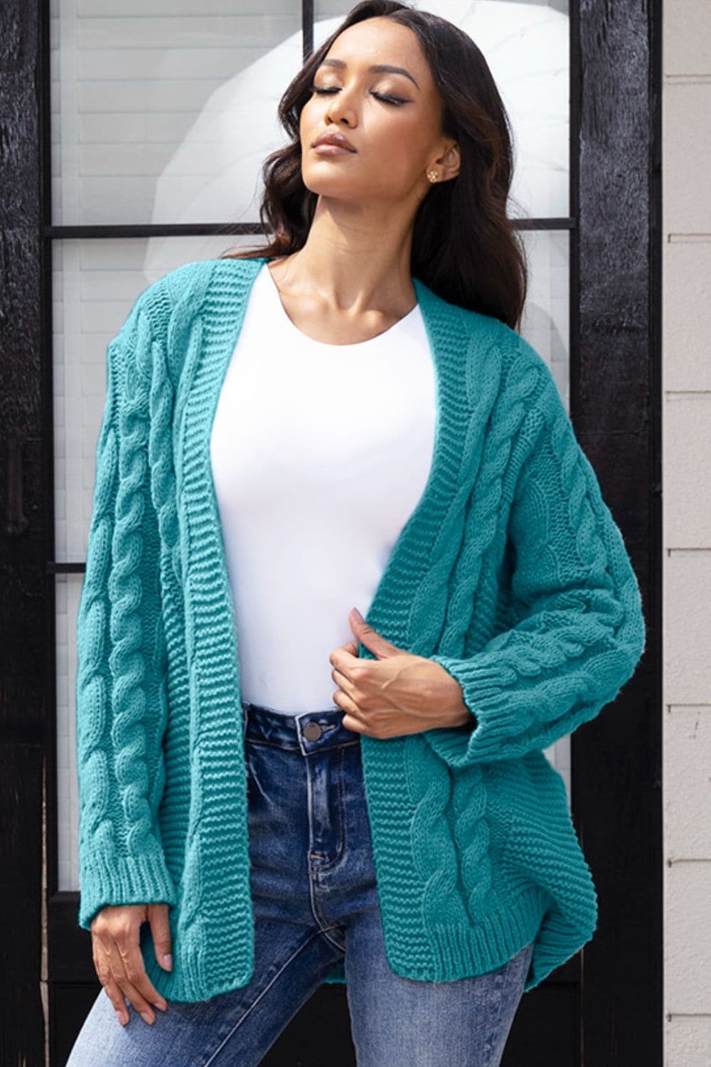 Open Front Cable-Knit Cardigan.