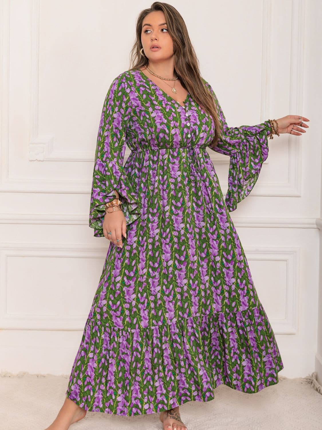 Plus Size Printed V-Neck Long Sleeve Maxi Dress.