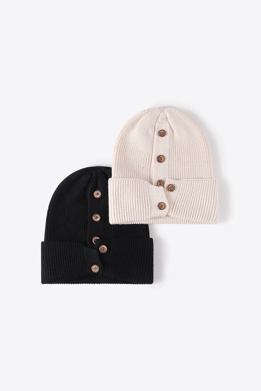 Button Detail Rib-Knit Cuff Beanie.