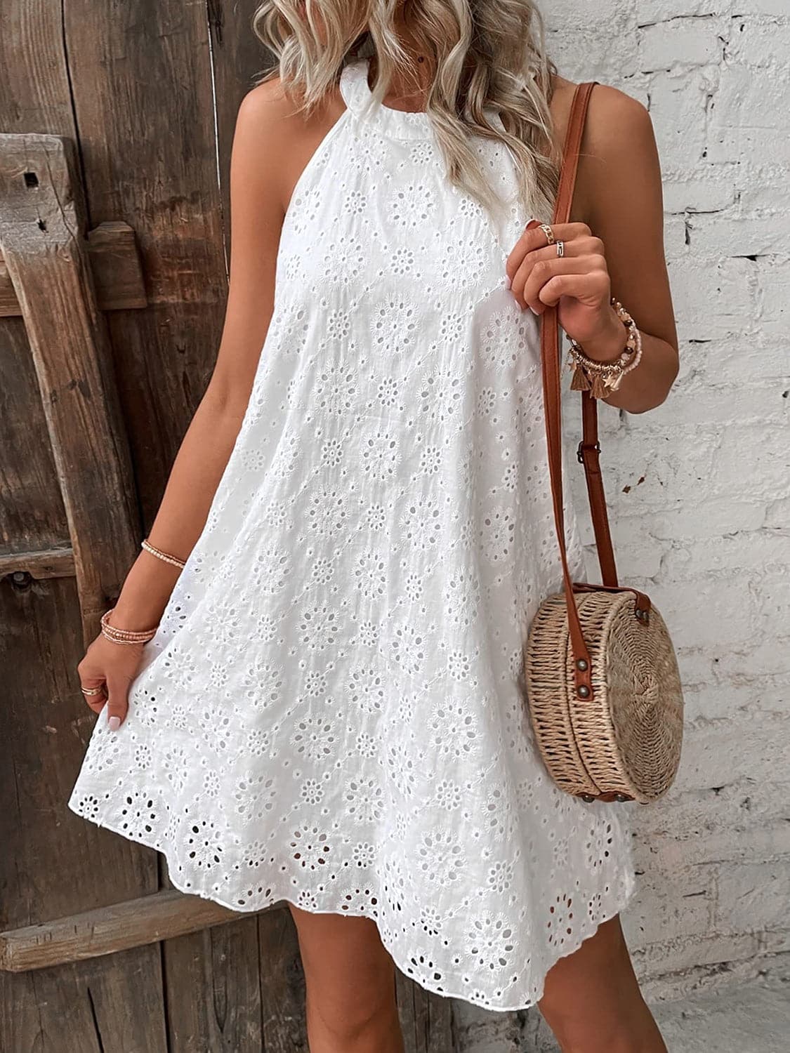 Eyelet Grecian Neck Mini Dress.