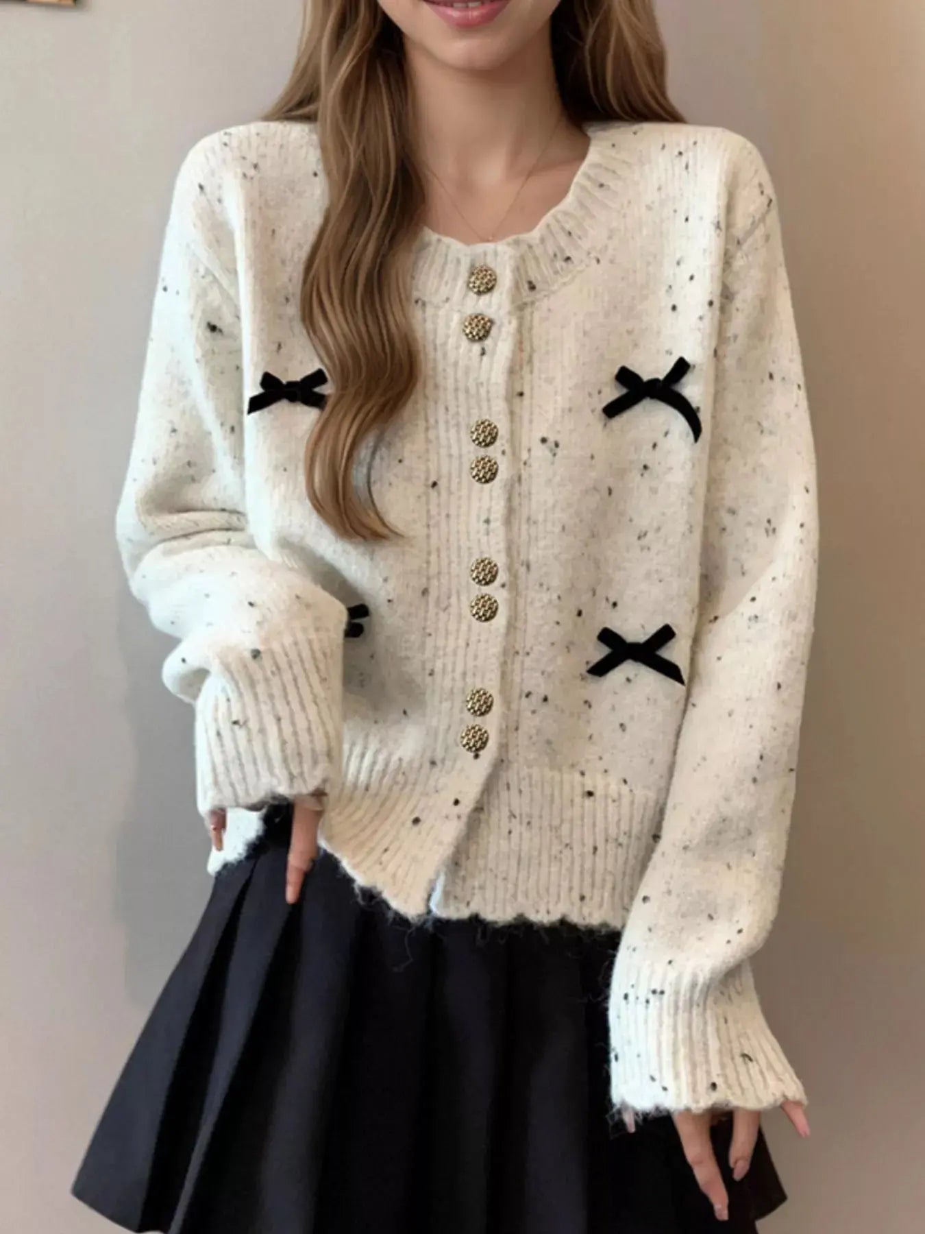 Bow Button Up Ribbed Hem Cardigan Simply Love