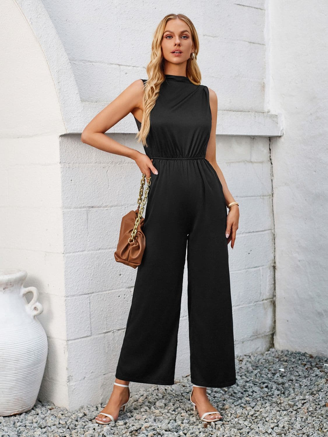 Cutout Tied Wide Leg Sleeveless Jumpsuit.