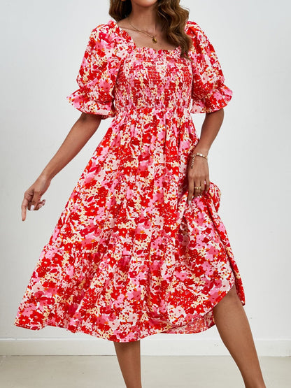 Smocked Floral Square Neck Short Sleeve Dress.