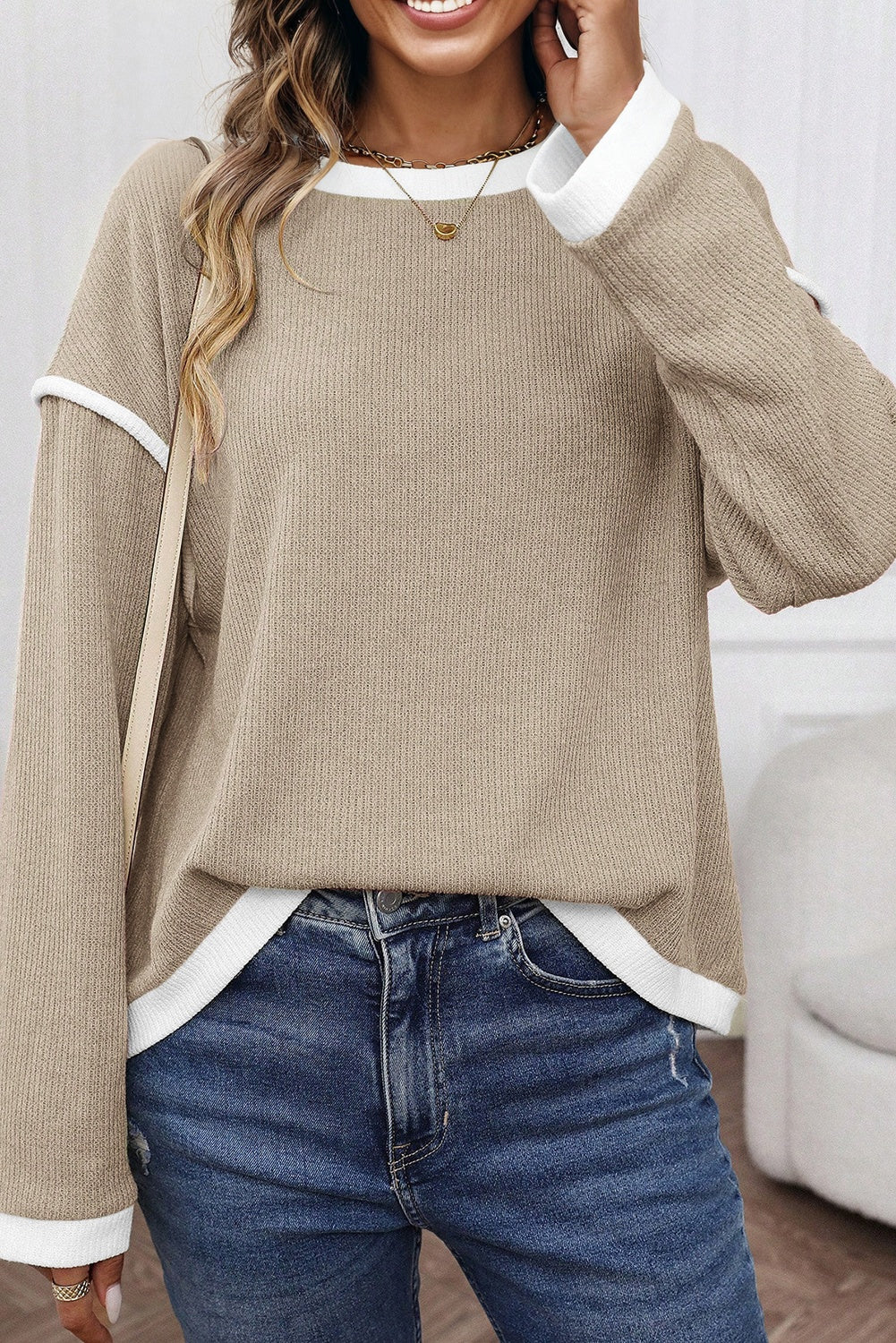 Premium Beige Contrast Trim Knit Drop Shoulder Loose Top For Women
