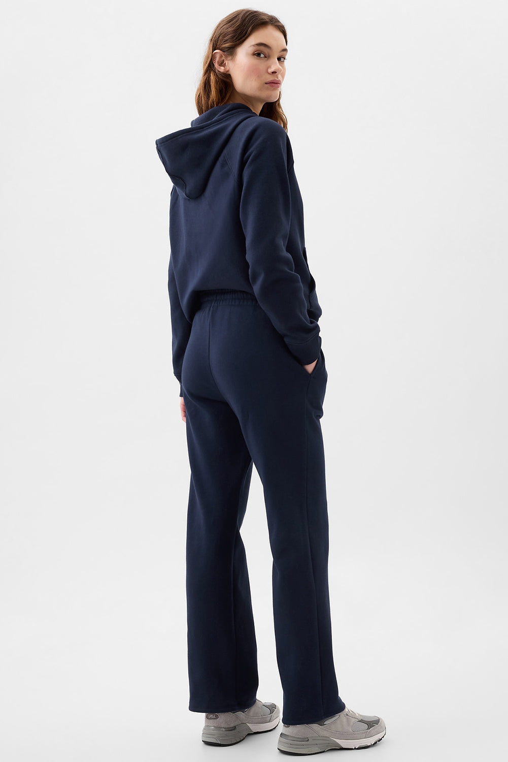 Navy blue drawstring casual straight pants with pockets