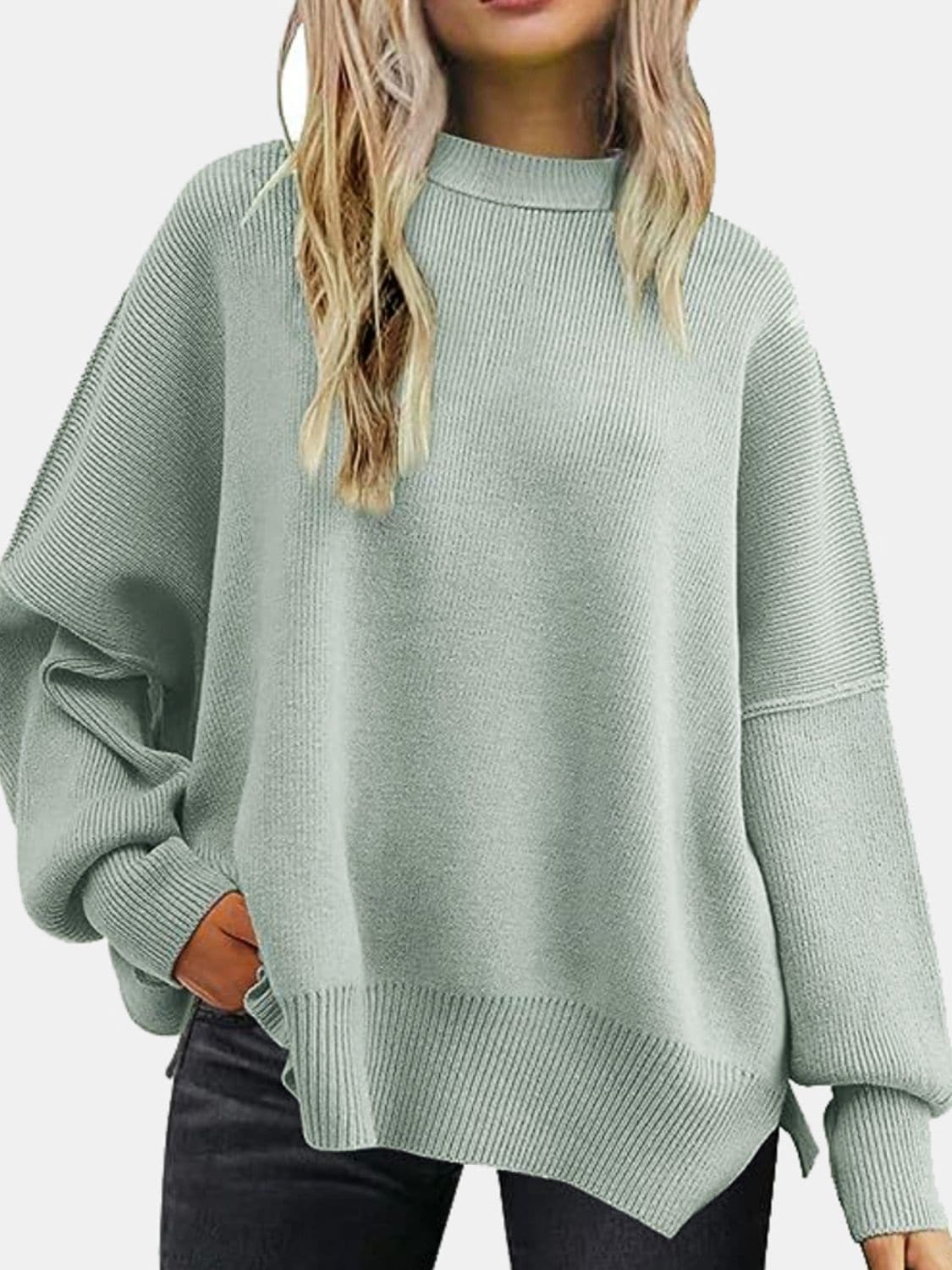 Round Neck Drop Shoulder Slit Sweater.