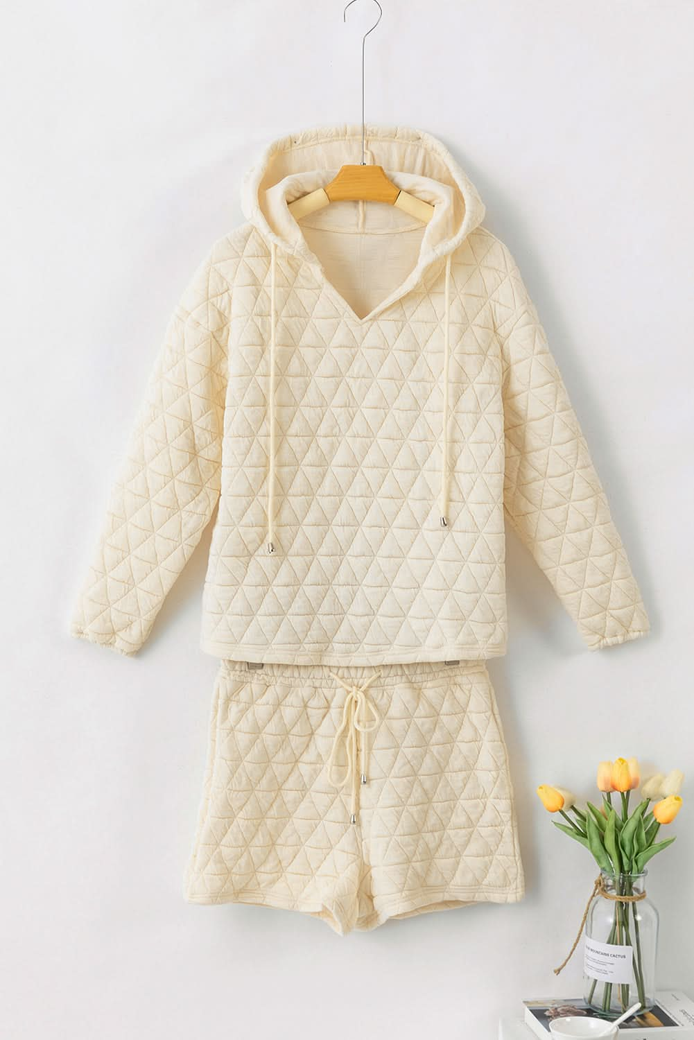 Quilted Drawstring Hoodie and Shorts Lounge Set