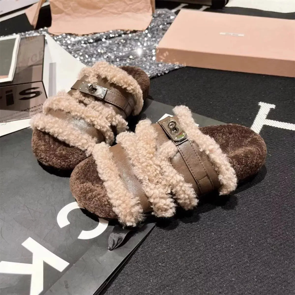 Fuzzy Buckle Accent Plush Slippers Simply Love