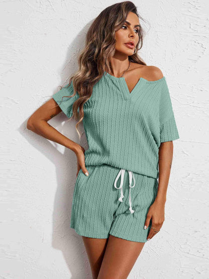 Notched Short Sleeve Top and Shorts Set.