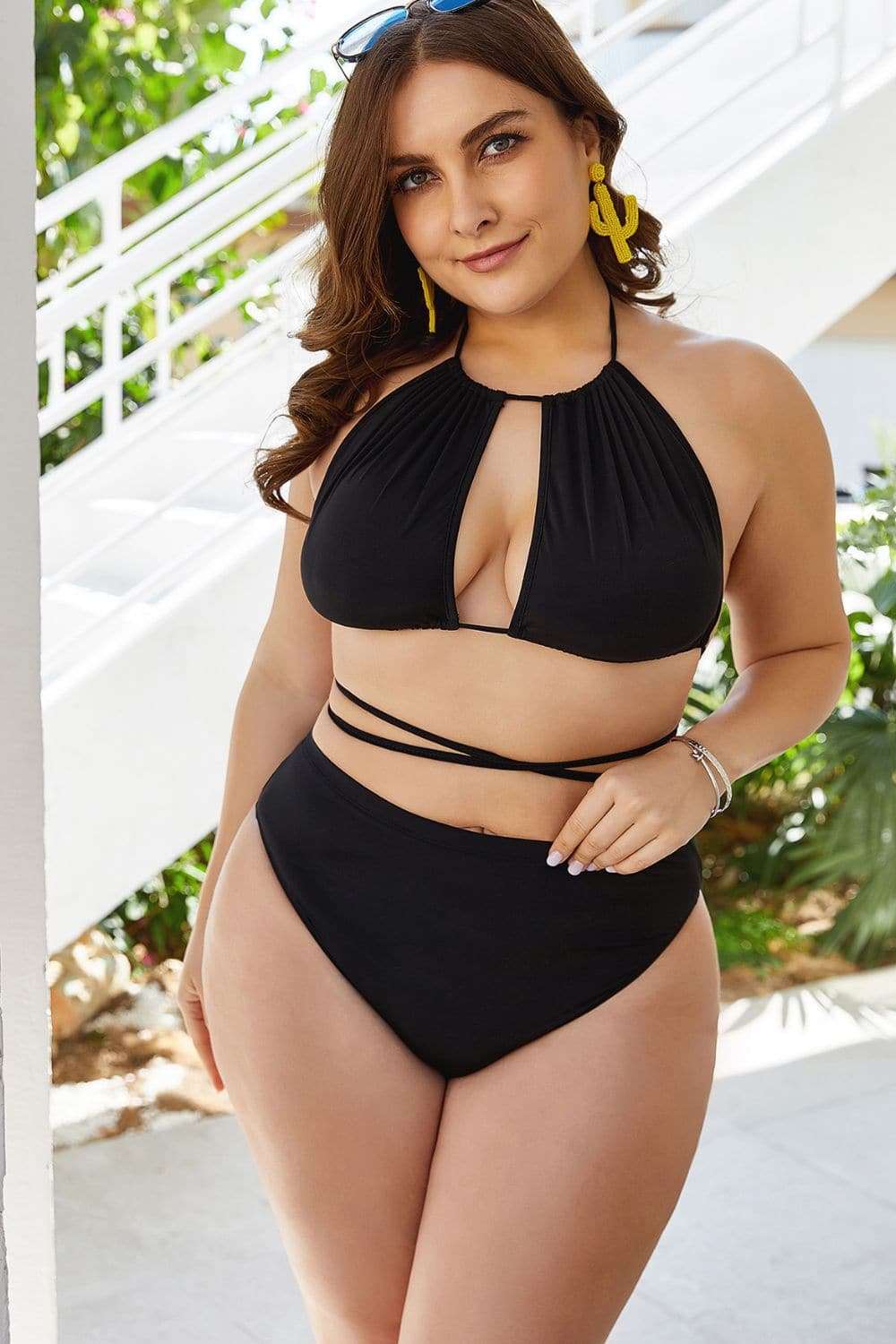 Plus Size Cutout Tied Backless Bikini Set.