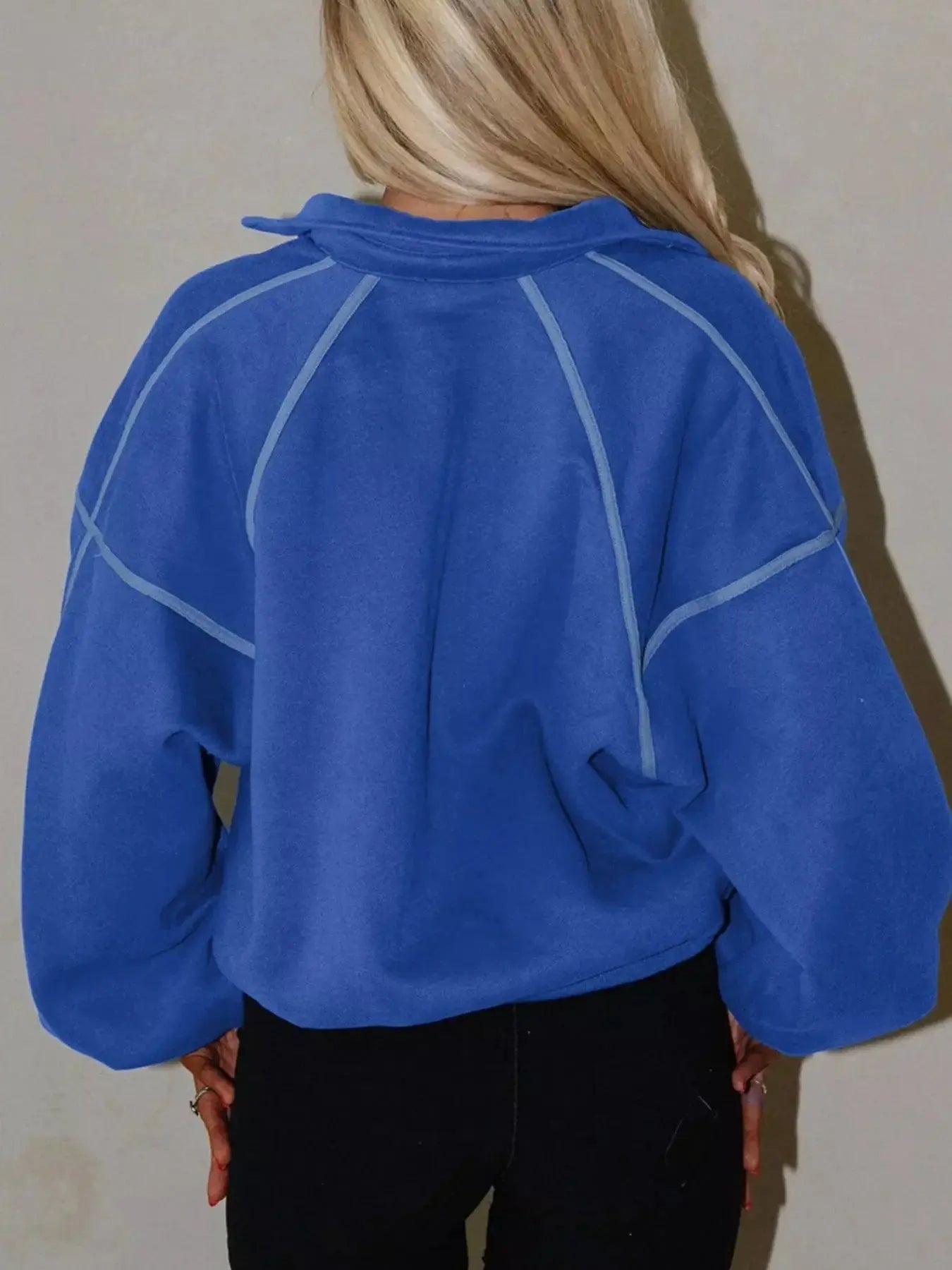 Blue Half Snap Dropped Shoulder Sweatshirt Oversized Simply Love