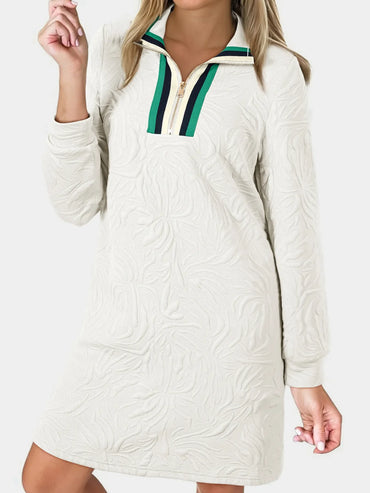 Jacquard Textured Quarter Zipper Shift Mini Dress