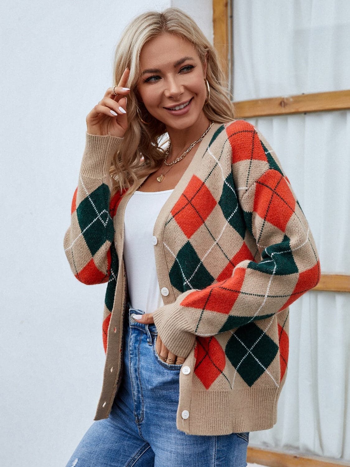 Plaid Contrast Button Up Cardigan.