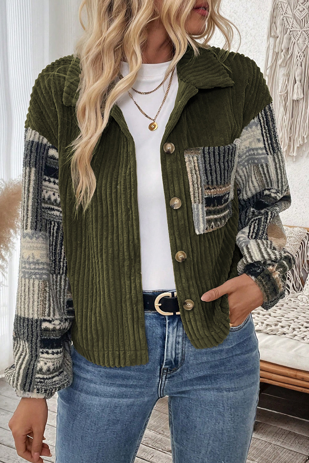 Jungle Green Ribbed Fleece Plaid Print Patchwork Button Up Jacket Cozy Everyday Wear Dear-Lover Dropshipping