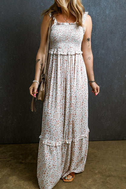 Ruffled Smocked Printed Sleeveless Maxi Dress.