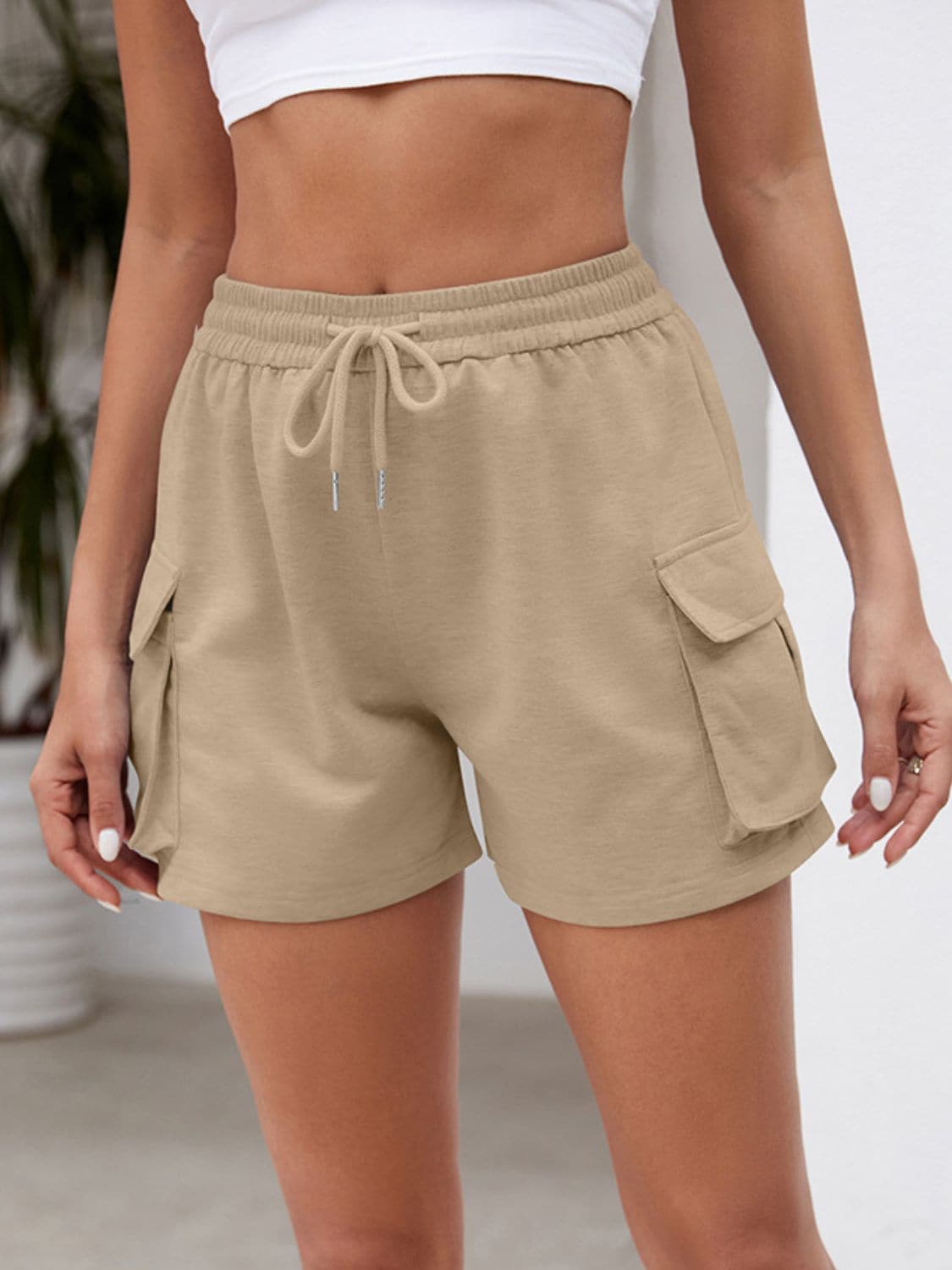 Drawstring Elastic Waist Shorts with Pockets.