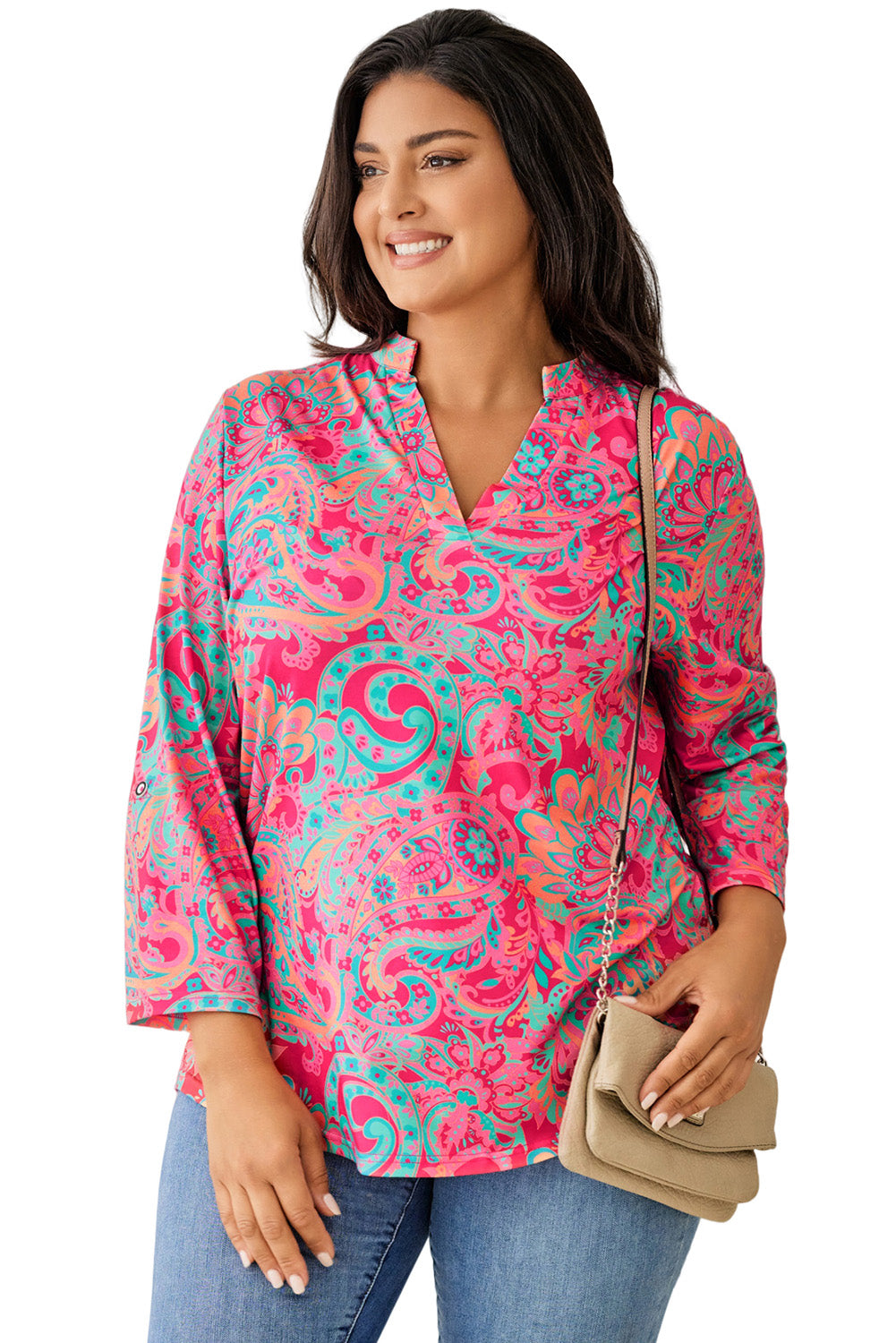 Elegant paisley print plus size blouse with adjustable sleeves