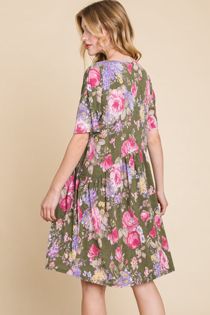 BOMBOM Flower Print V-Neck Ruched Dress.