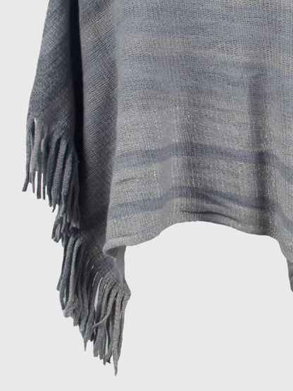 Striped Boat Neck Poncho with Fringes.