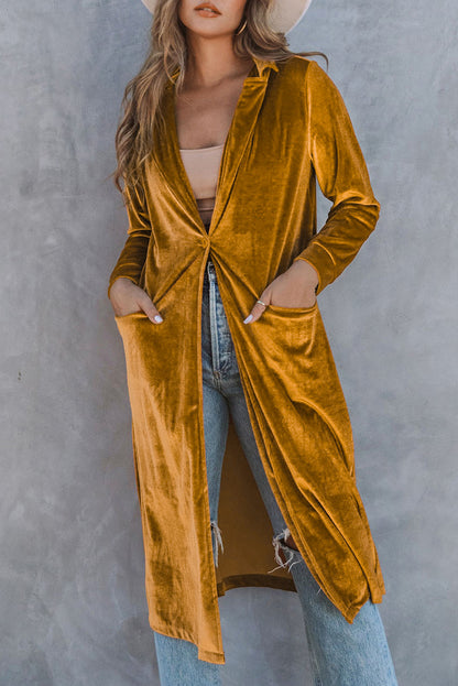 Chic yellow velvet long sleeve coat with practical pockets