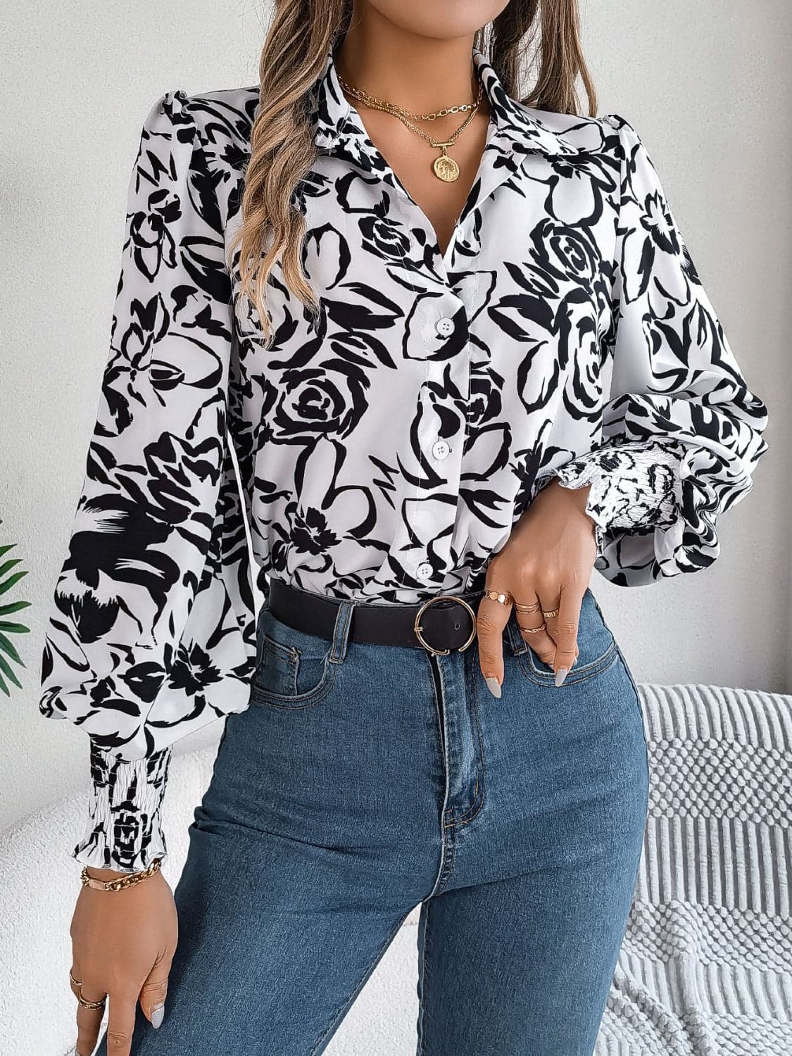 Printed Collared Neck Lantern Sleeve Shirt.