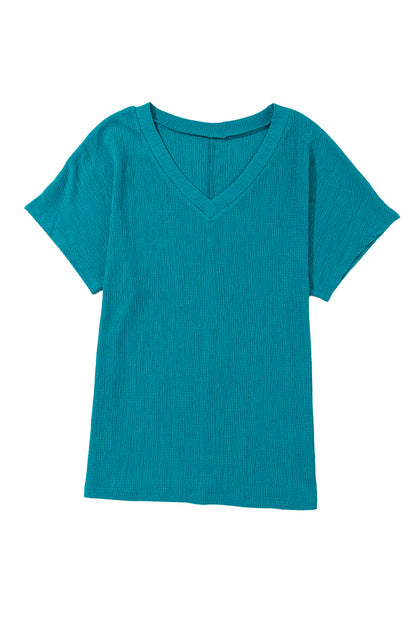 Crinkled blue sapphire V-neck T-shirt with wide sleeves