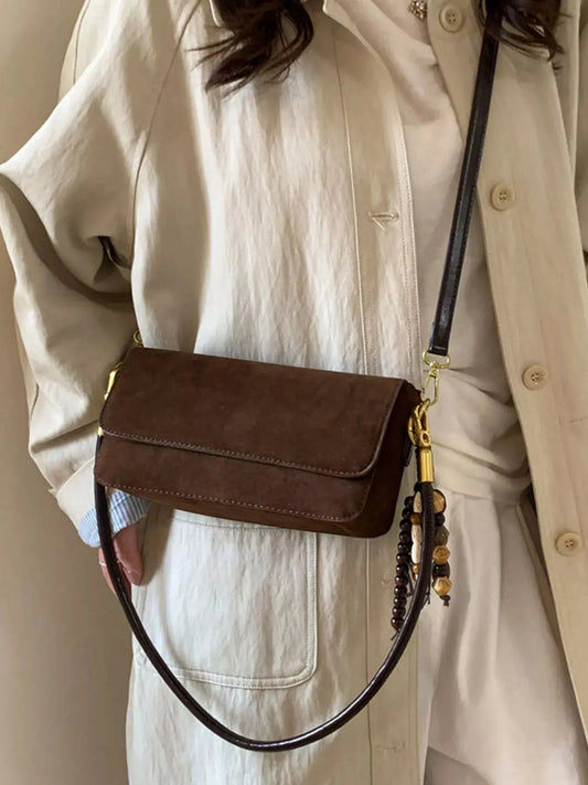 Brown Suede Small Flap Shoulder Bag With Adjustable Strap Simply Love