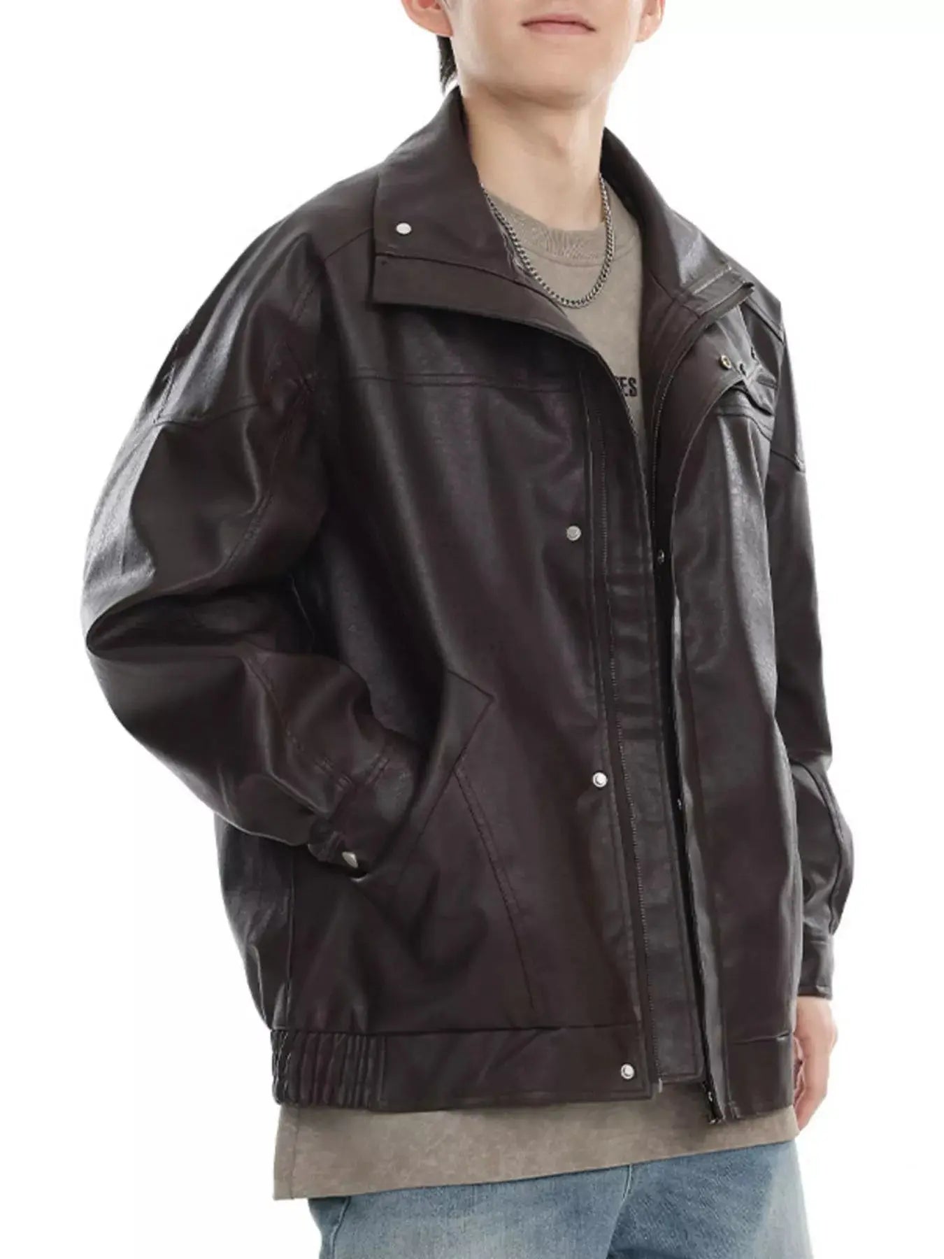Men's Plus Size Stand Collar Leather Jacket Simply Love