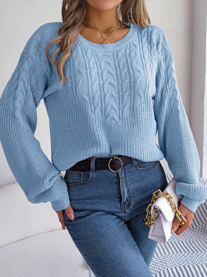 Cable-Knit Round Neck Drop Shoulder Sweater.