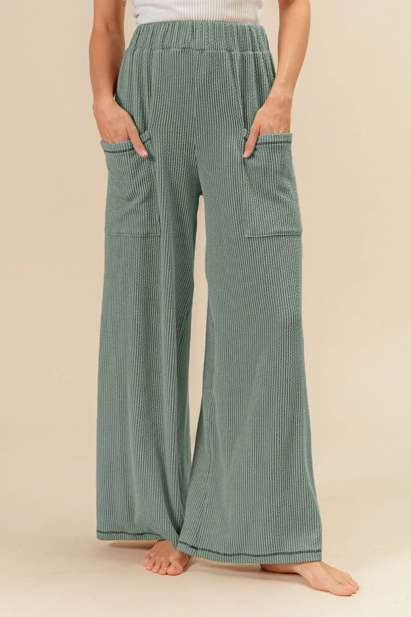 BiBi 2tone Cord Rib Waist Band Side Pocket Pants for Women - Love Salve 