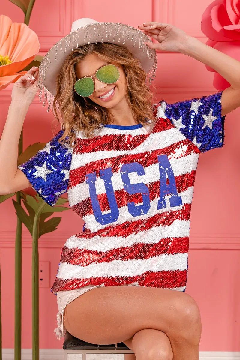 BiBi American Flag Theme USA Lettering Sequin Top - Love Salve