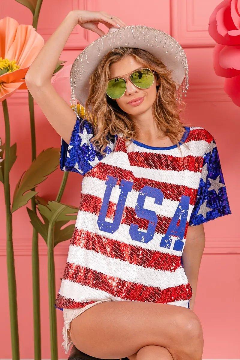 BiBi American Flag Theme USA Lettering Sequin Top - Love Salve