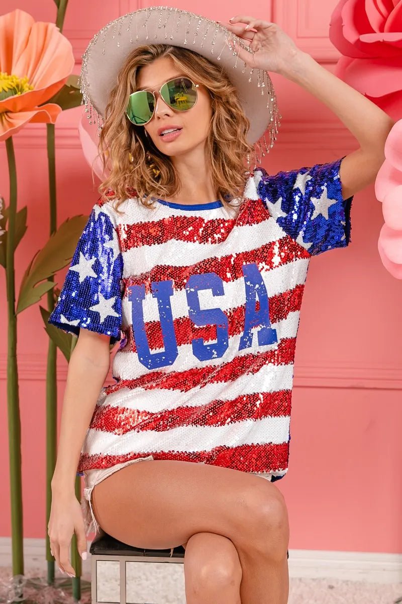 BiBi American Flag Theme USA Lettering Sequin Top - Love Salve