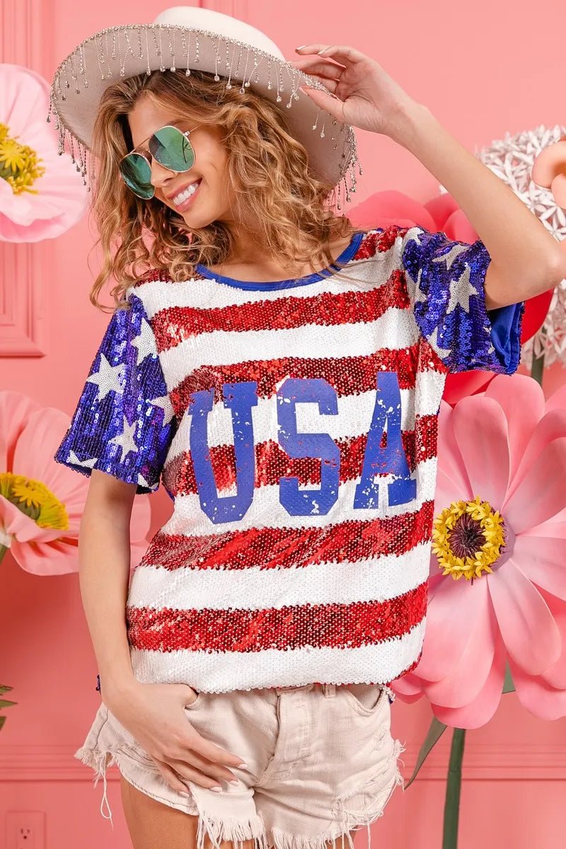 BiBi American Flag Theme USA Lettering Sequin Top - Love Salve