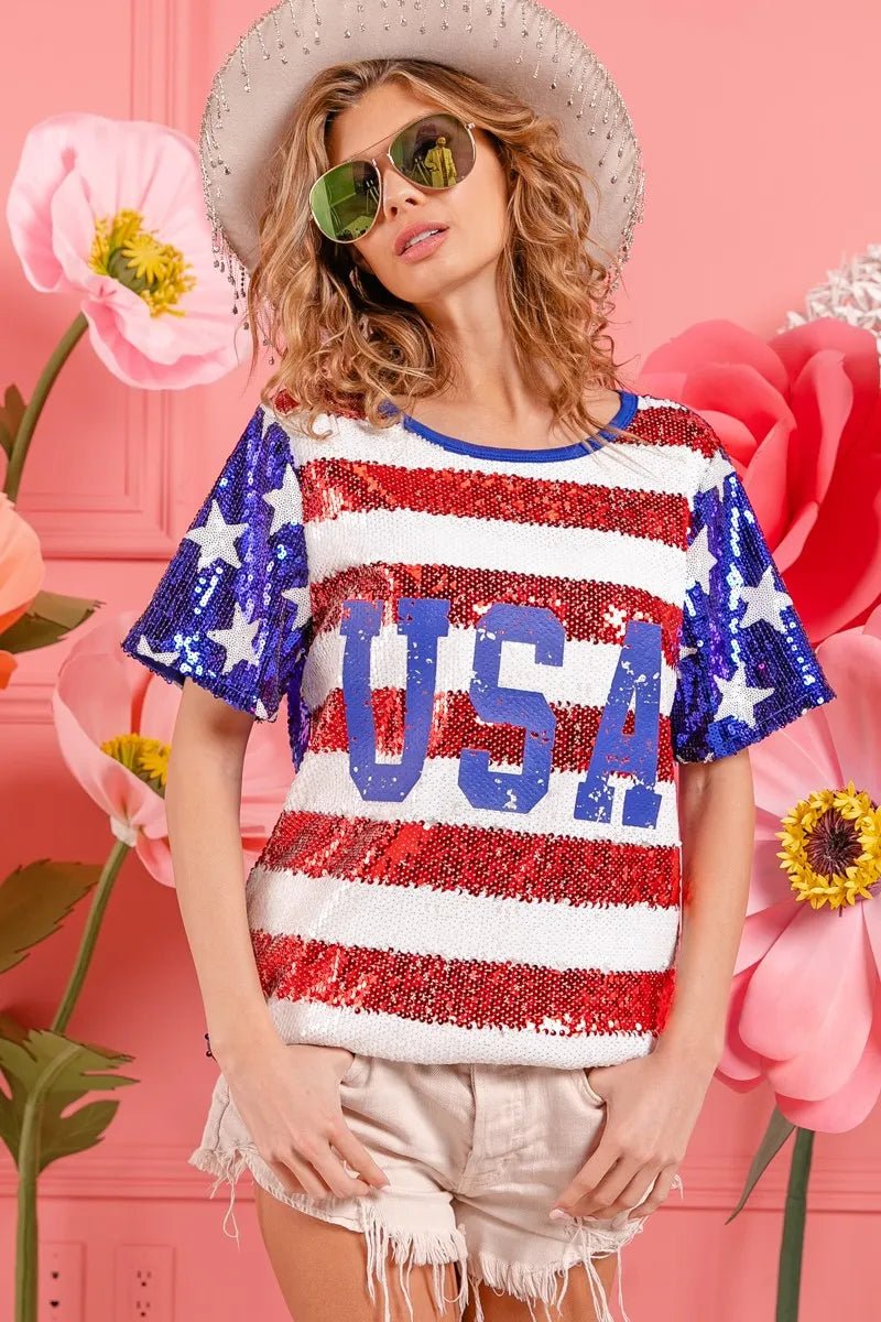 BiBi American Flag Theme USA Lettering Sequin Top - Love Salve