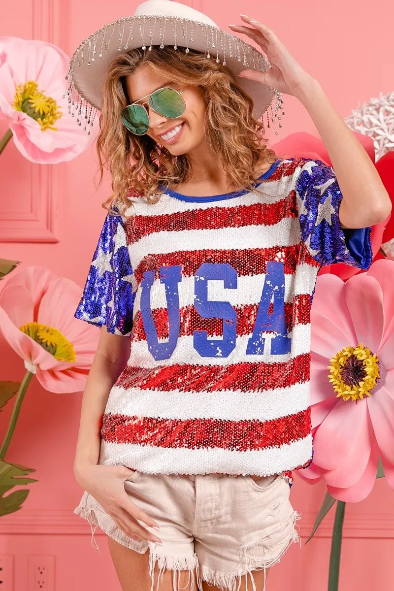 BiBi American Flag Theme USA Lettering Sequin Top - Love Salve