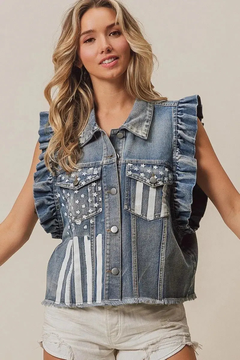 BiBi American Flag Washed Denim Jacket - Love Salve