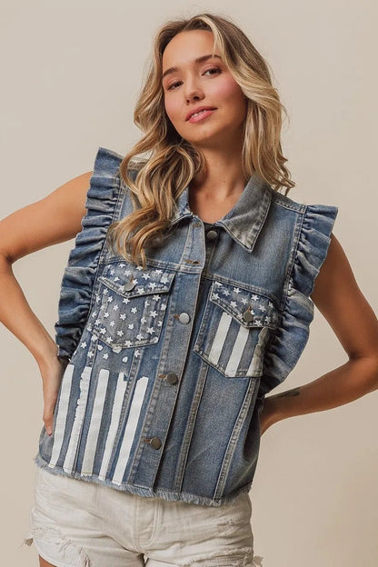 BiBi American Flag Washed Denim Jacket - Love Salve